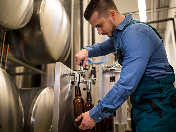 brewery worker filling glass bottles from stainless steel fermentation tanks in a craft brewery