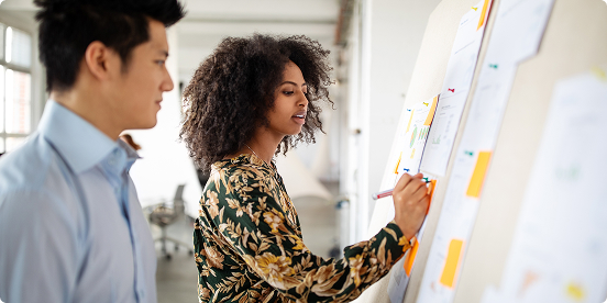 coworkers brainstorming on a whiteboard