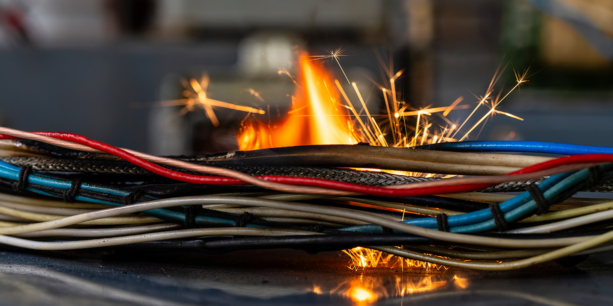 electrical wires sparking and catching fire due to short circuit, illustrating electrical fire hazard and wiring safety risk