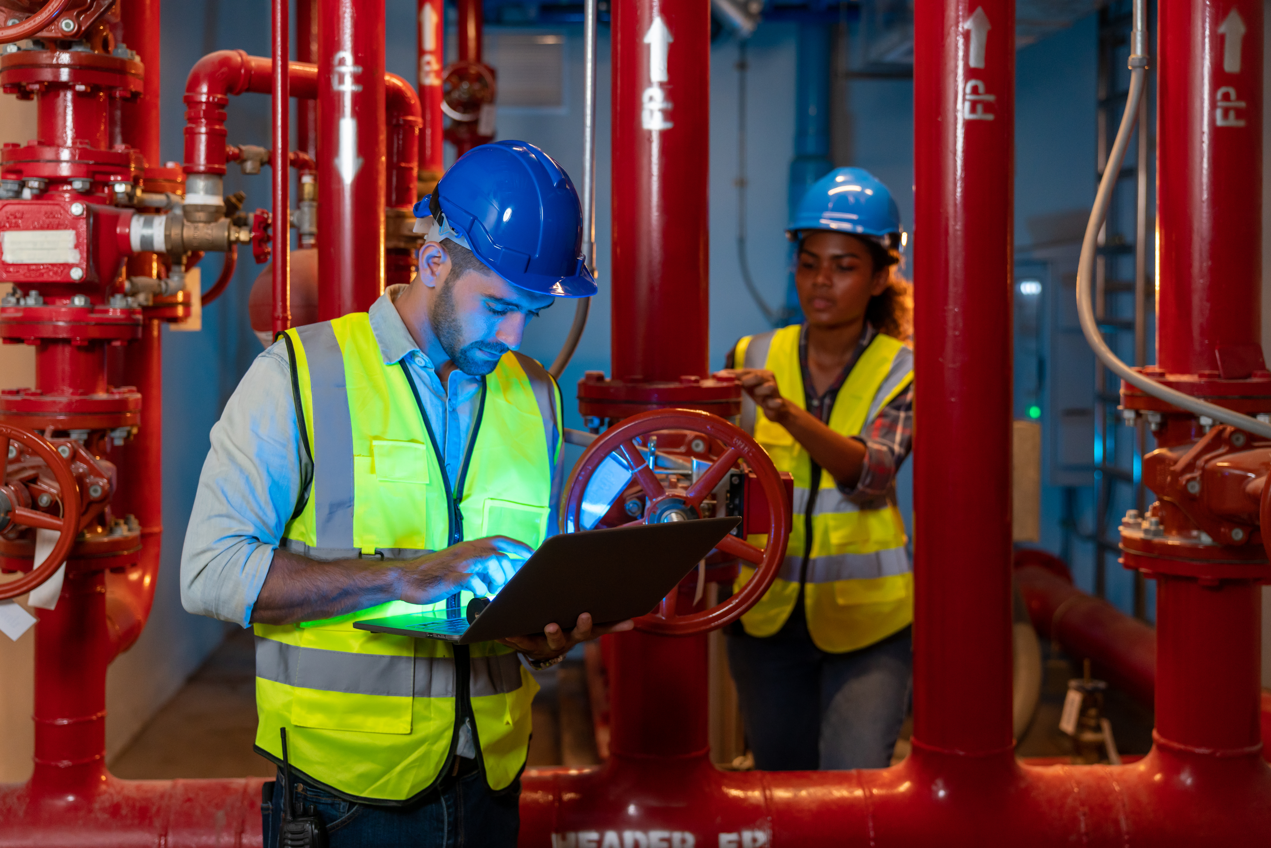 engineers inspecting fire protection system in an industrial facility using laptop and safety gear
